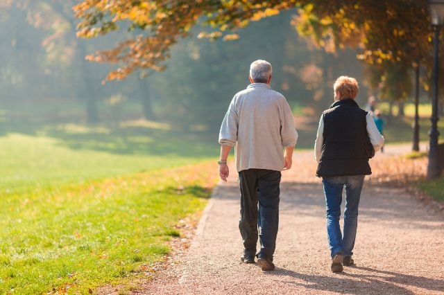 Ein älteres Ehepaar macht in einem herbstlichen Park einen Spaziergang.